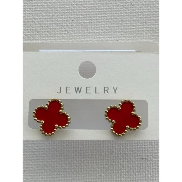 Gold-Tone Red  Stud Earrings With Beaded Edges - Picture 2 of 7